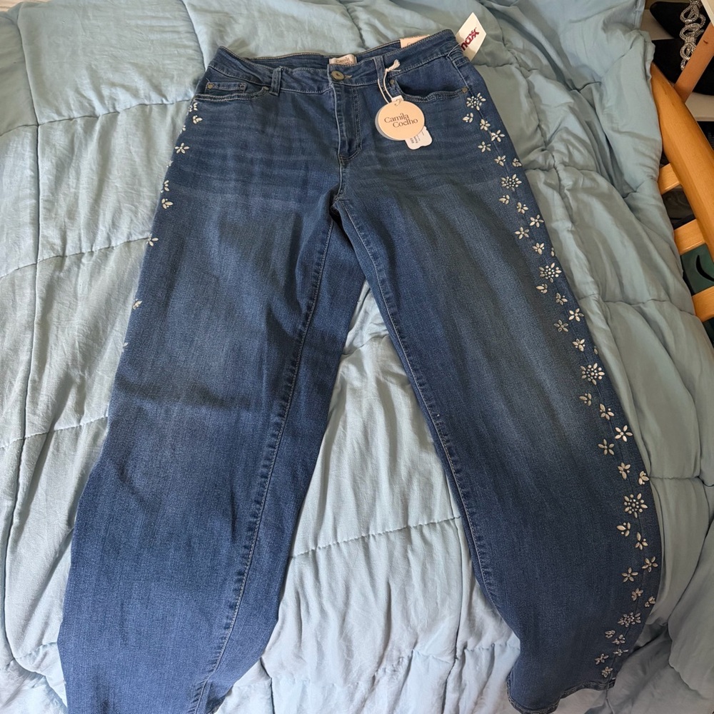 Camila Coelho Blue Jeans with White Floral Side Embroidery